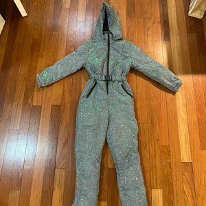 Women's silver sparkle ski onesie / ski suit / snow suit with hood + pockets